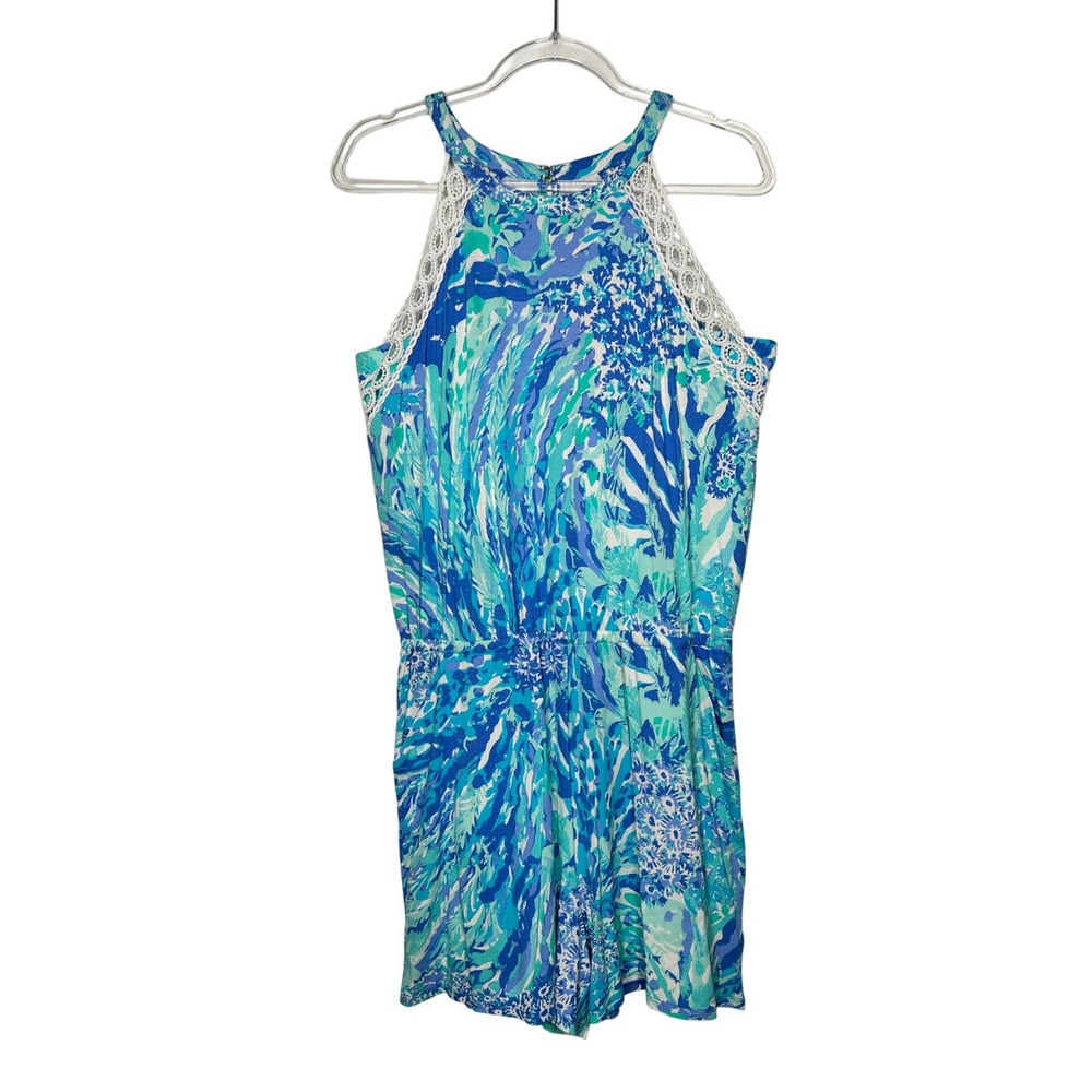 Lilly Pulitzer Lala Romper Blue Haven Hey Hey Soleil Lace Trim Size M Resort New